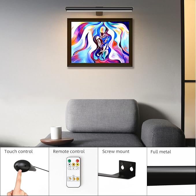 TINTINDOC 16inch Picture Light for Wall with Remote,Rechargeable Battery Dimmable Painting Lighting for Art Full Metal Magnetic, Timer Led Accent Lights for Gallery Dartboard Portrait on Home Wall