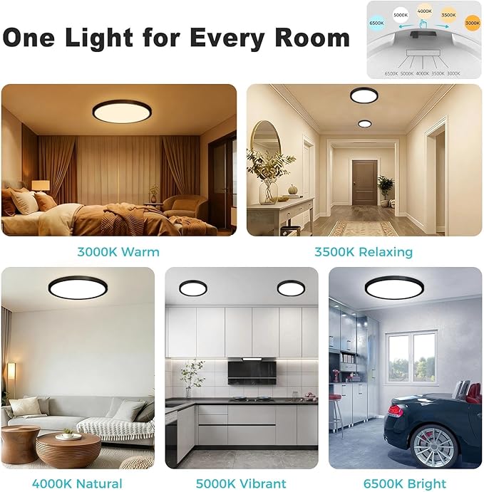 libtit 6Pack 13inch LED Flush Mount Ceiling Light, Dimmable & 5Color Temperatures (3000K-6500K), 24W Round Slim Black Light Fixture for Bedroom Livingroom Garage Kitchen