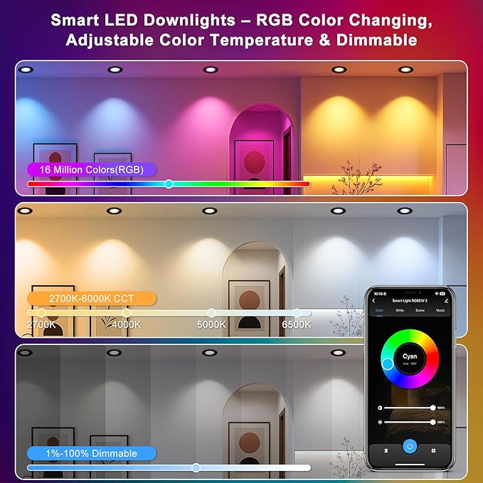 2 Inch Smart Recessed Lighting, 5W RGB WiFi LED Downlight, Dimmable RGB Color Changing & CCT 2700K–6500K, Compatible with Alexa & Google Home, 120V Round Ceiling Light & Driver (Black, 1 Pack)