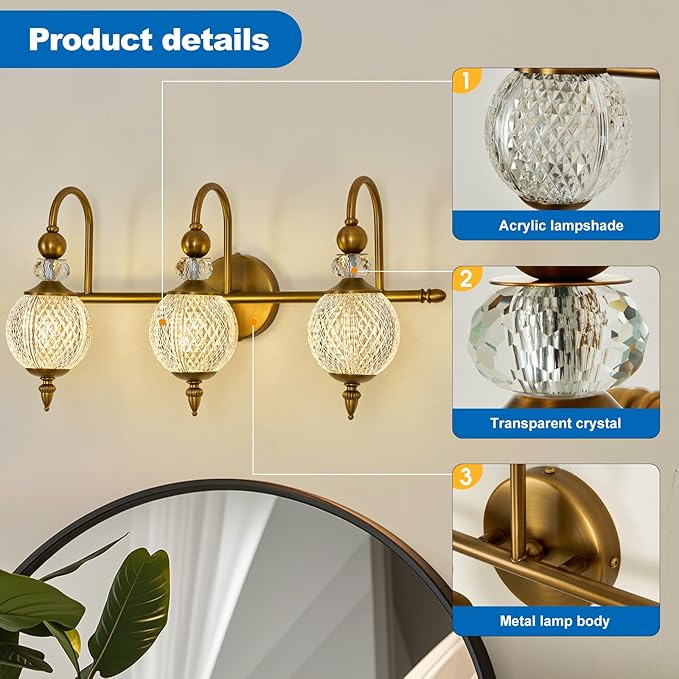 Vintage Vanity Light 3 Lights Gold Bathroom Light Fixtures Over Mirror with Acrylic Globe Shade