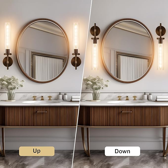 19.5" Knurled Brass Wall Sconces Set of 2, Bronze Bathroom Vanity Light Fixtures with Clear Glass Tube, Modern Lamp Lighting for Bedroom, Living Room, Hallway, Staircase, Mirror, Kitchen
