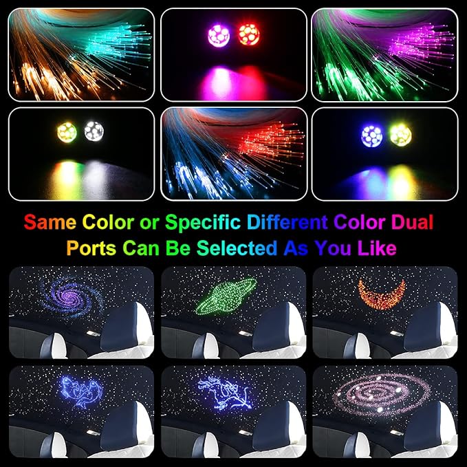 AKEPO 20W Twinkle Dual-Head Dual Color Fiber Optic Lights, Fiber Optic Star Ceiling Light Kit Sound Activated APP Remote Control for Car Starlights Headliner/Home 800pcs 13.1ft/4m Fiber Strands