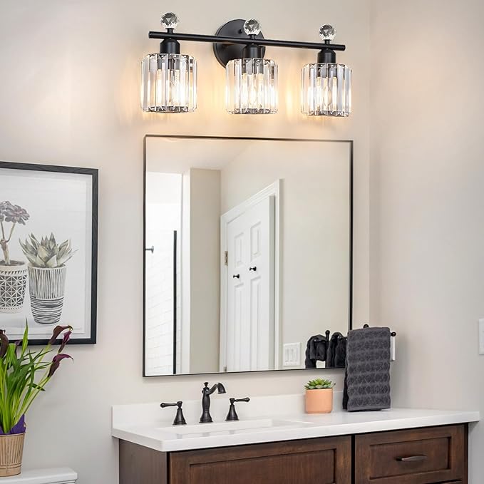 Modern 3 Light Crystal Vanity Light,Black Vertical Bathroom Light Fixture Over Mirror for Dressing Table Sink,Crystal Bathroom Light Fixtures,Compatible with Dimmable Bulbs (Bulbs Not Include)