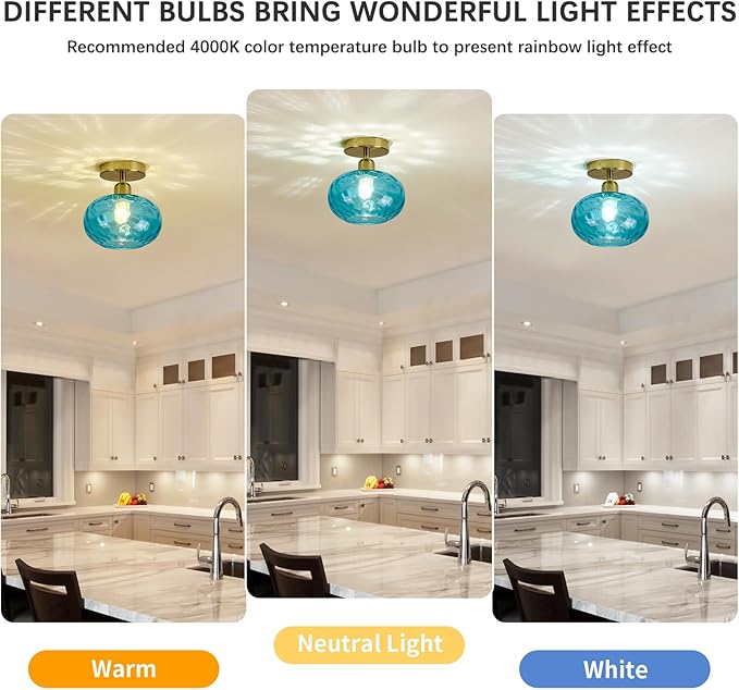 Blue Glass Semi Flush Mount Ceiling Light - 7.9 Inch Hammered Art Deco Glass Small Hallway Light fixtures, Vintage Gold Flush Mount Ceiling Light for entryway Foyer Laundry Room Kitchen