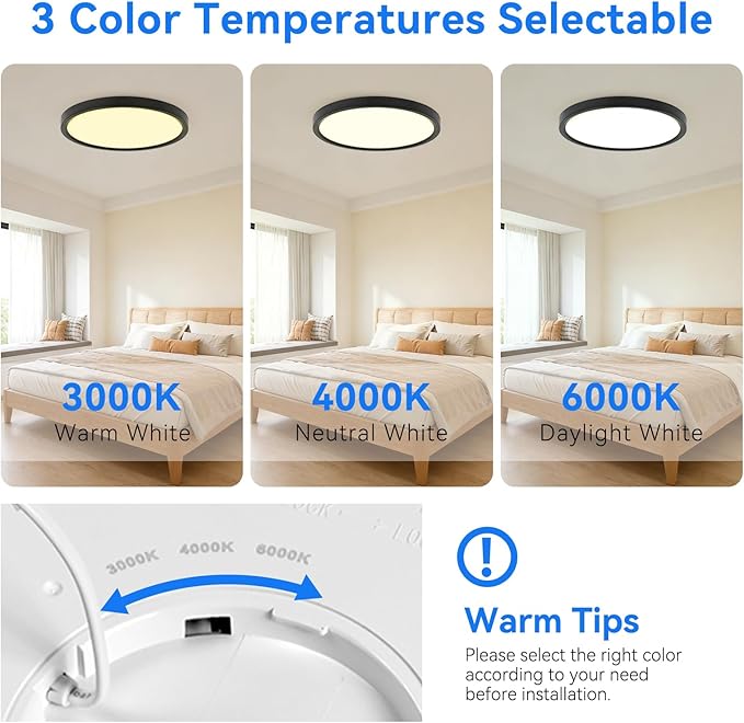 6PK 12 inch LED Flush Mount Ceiling Light Fixture,24W Super Slim Black LED Ceiling Light 2400LM,3000K/4000K/6000K CCT Selectable,Close to Ceiling Round Flat Panel Lightfor Bedroom,Kitchen,Hallway