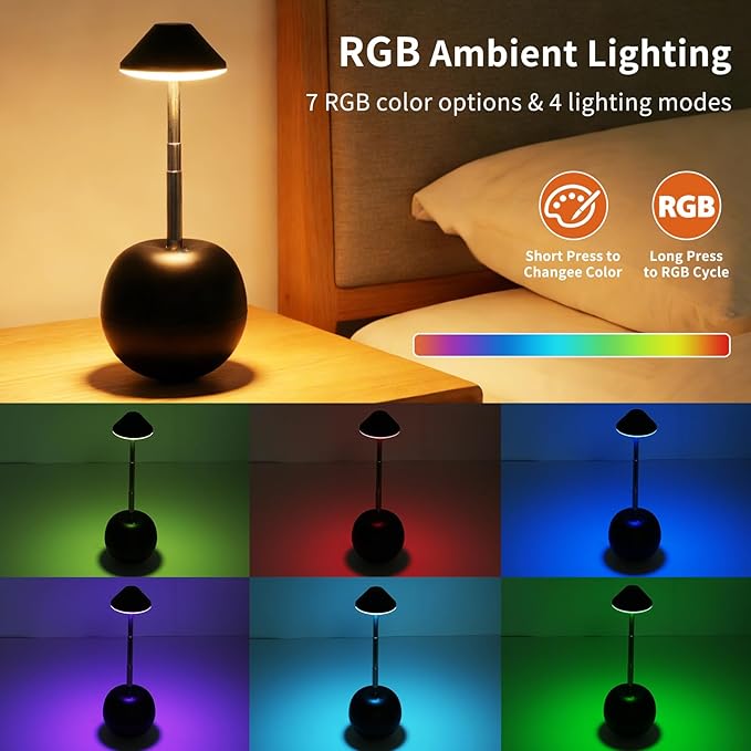 Rechargeable LED Table Light, Tumbler Cordless Table Lamp with 3 Colors & 7 RGB Stepless Dimmable Touch Control Lamps for Patio Restaurant Dining Home Bars (Black)