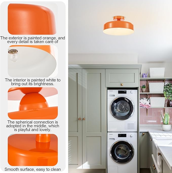 VILUXY Vintage Semi-Flush Mount Ceiling Light Fixture Orange Brush Paint Finish Round Ceiling Lamps for Bedroom, Dining Room, Corridor, Living Room