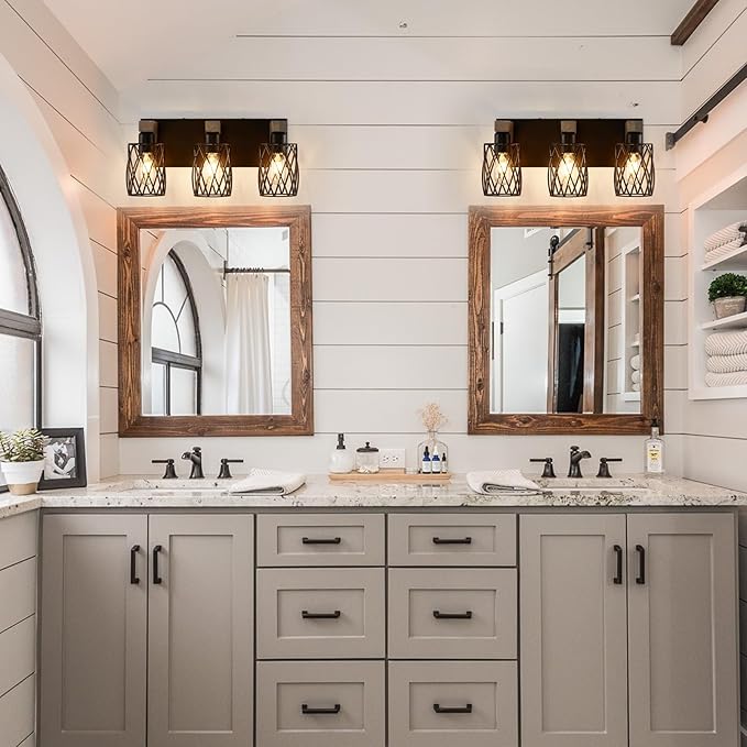 Farmhouse Bathroom Vanity Light, 3-Light Wood Bathroom Light Fixtures Over Mirror, Black Industrial Vanity Lights with Metal Shade, Rustic Bathroom Lighting for Bedroom Living Room Hallway
