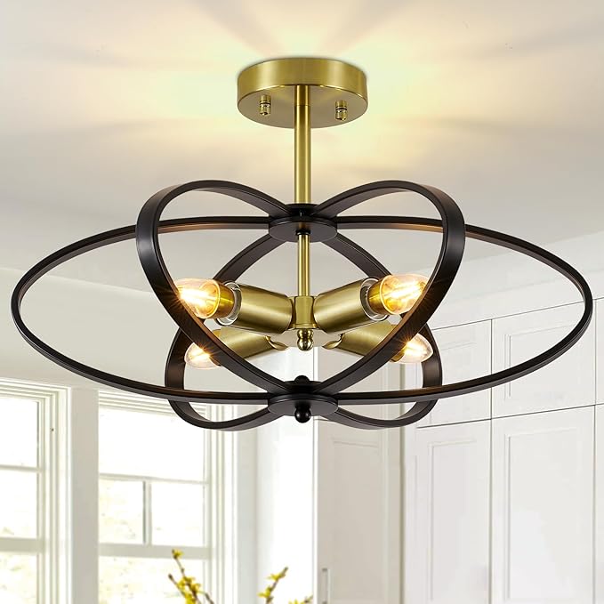 Semi Flush Mount Ceiling Light Chandelier 20'' Black and Gold Modern Light Fixtures Ceiling 4-Light Farmhouse Chandelier Style Flower Shape for Bedroom,Kitchen,Porch,Hallway
