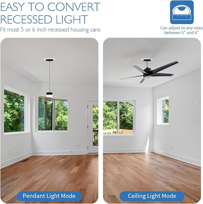 Jolux 5/6" Instant Recessed Can Light Conversion Kit to Pendant Light,Hanging Light Upgrade,for Ceiling Fan Light Fixture,White Finish,Ideal for Kitchen,Bedroom,Livingroom,1 Pack