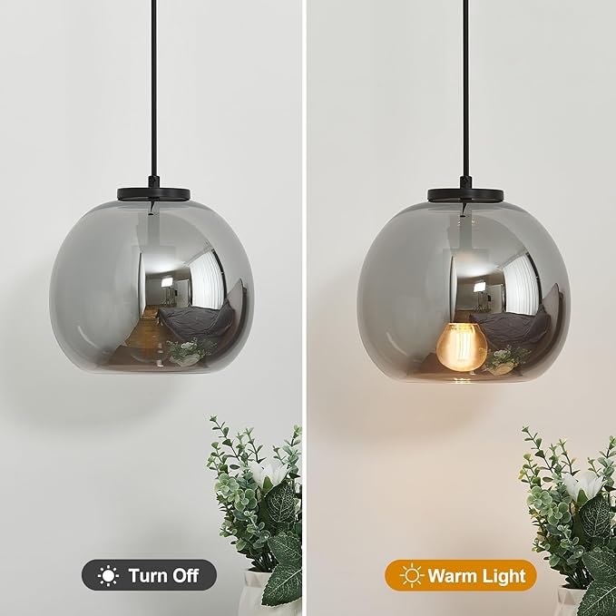 Mirror Smoke Gray Glass Pendant Lights Kitchen Island 2 Pack 7.87" Glass Globe Pendant Light Black Hanging Light Fixture Modern Pendant Lighting for Kitchen Island Bedroom Dining Room