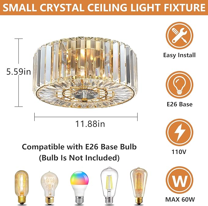 Gold Crystal Ceiling Light, 11.8" Semi Flush Mount Ceiling Light, 2-Lights Hallway Lighting Fixtures Crystal Chandelier Gold Bedroom Chandelier for Entryway Bathroom Foyer, E26 Socket