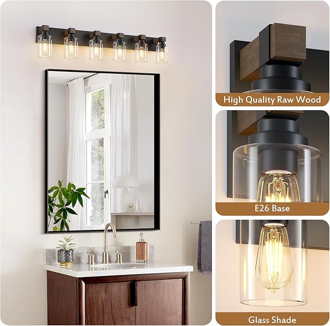 Farmhouse Bathroom Vanity Light Fixtures, Rustic 6-Light Wood Vanity Lights for Bathroom, Vintage Black Wall Sconces Lighting, Light fixtures Over Mirror, with Glass Shade
