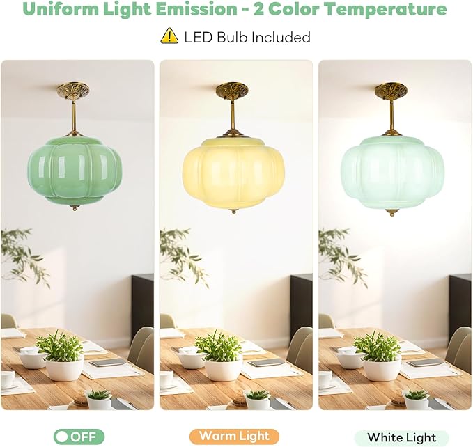 15in Green Milk Glass Ceiling Light, LED Bulb Included, Vintage Schoolhouse Semi Flush Mount Pendant Light Art Deco Chandelier for Kitchen Dining Room Hallway Bedroom, Antique Gold & Green