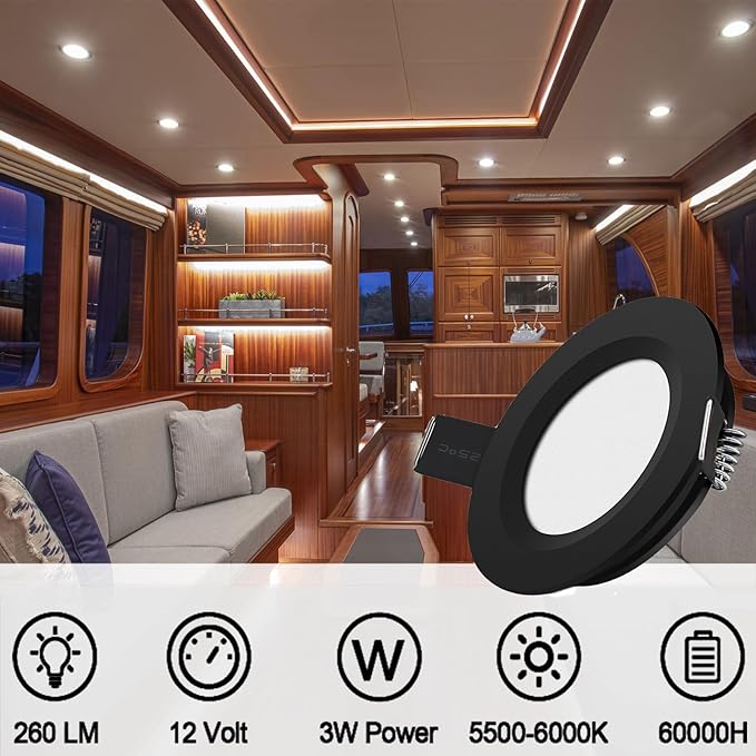 RVZONE 12 Volt LED Puck Light RV Boat Recessed Ceiling Light Super Slim LED Panel Light with Hole Puncher DC 12V 3W Full Aluminum Downlights 6 Pack,5500-6000k