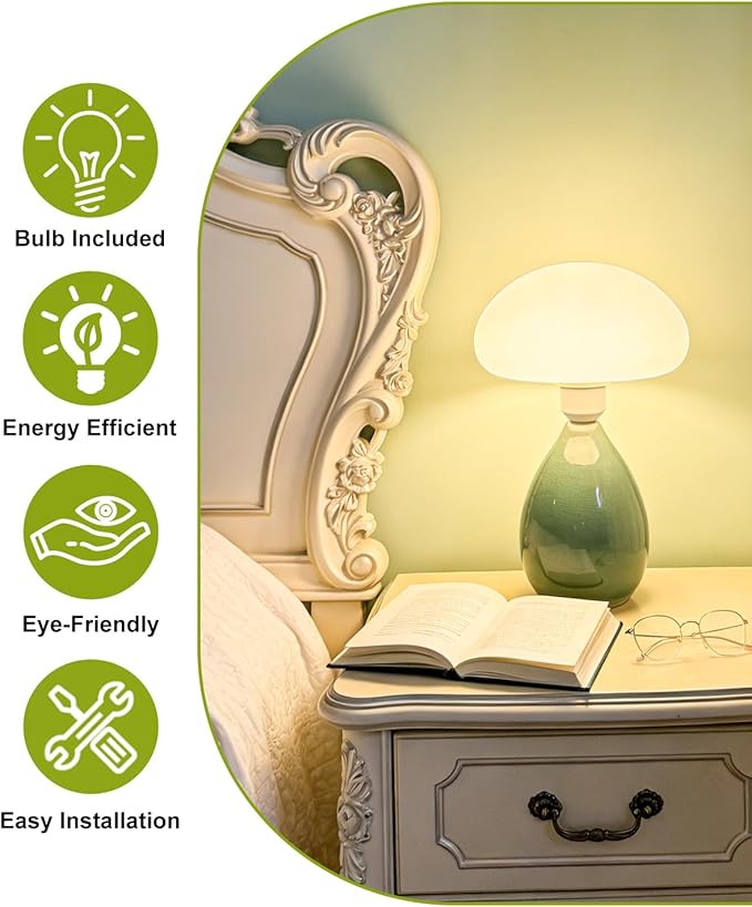 Lightdot Mushroom Table Lamp, Mid Century Modern Lamp, Green Ceramic Base Bedside Lamp, Cute Desk Lamp with Bulb Included, Eye-Caring Night Light for Bedroom Kids Room Living Room Office Home Reading