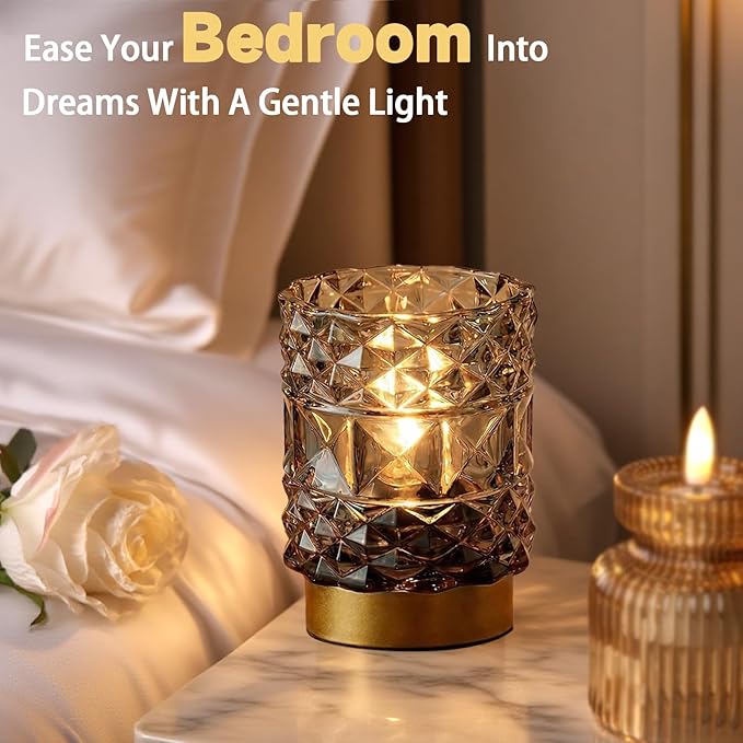 MJ PREMIER Battery Operated Lamp with Timer, Cordless Table Lamps for Shelf Decor, Rhombus Texture Aesthetic Crystal Lamp, Small Decorative Lamps for Bedroom/Bathroom/Kitchen/Entryway/Dorm (Grey)