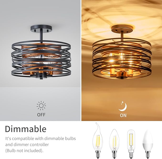 D13 inch Farmhouse Ceiling Light, 3-Light Rustic Design Semi-Flushmount Close to Ceiling Light Fixture, for Living Room, Foyer, Bedroom, D12.6 x H11 in, Matte Black & Wood Texture Finish