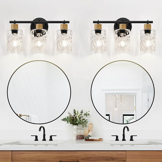 MOKATNG Bathroom Light Fixtures, 3-Light Coastal Vanity Lights with Crystal Glass Shade, Black Bathroom Wall Lamp for Mirror Kitchen Hallway Cabinet