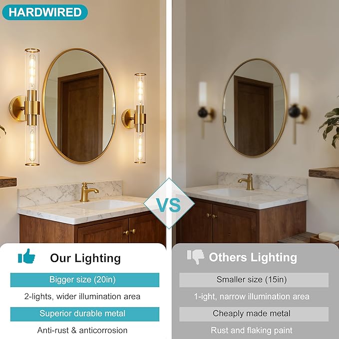 Gold Wall Sconce 2 Pack Hardwired, Bathroom Light Fixtures Clear Glass Featuring Two E26 sockets, Vanity Lights Fixtures for Bathroom, Dimmable - Bulb Not Included, UL Certification