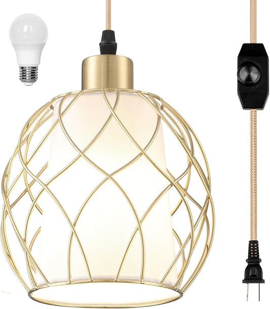 Cinkeda Plug-in Pendant Light, Hanging Lamp with Linen Shade, 15ft Golden Cotton Cord, Plug-in Light Fixture for Bedroom (Bulb Included)
