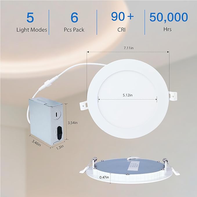 LEDYOND 6 Inch Recessed Lighting with Iron Junction Box 4-Pack, Ultra-Thin LED Downlights, 5CCT Selectable (2700-5000K), 1200LM High Brightness, CRI90 Dimmable Canless Ceiling Light, ETL &Energy Star