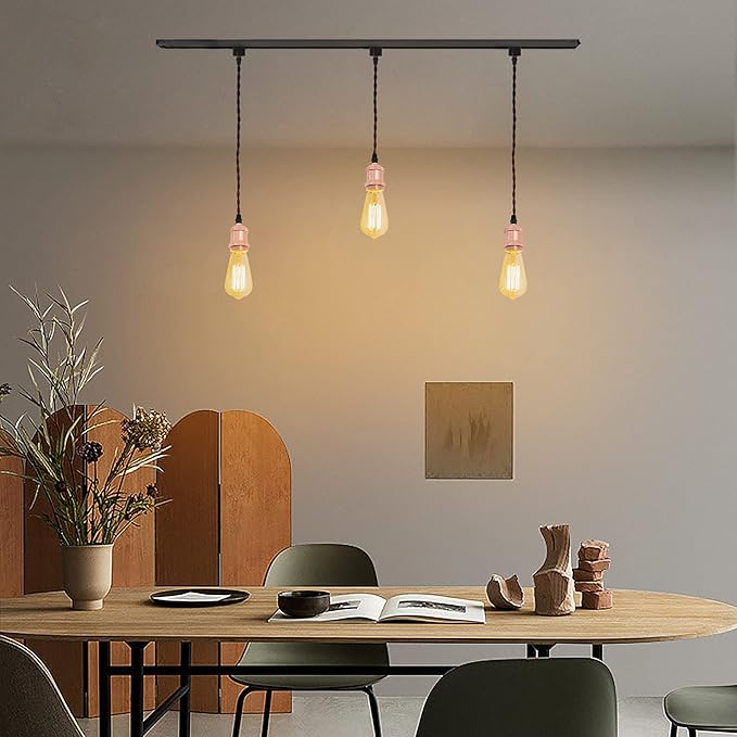 Kiven H-Type Wire Track LightPendants, 59 Inch Cord Length Black Weave Rope, Restaurant DecorativePendant Light Industrial Pendant Lamp 3 Pack,Bulb Not Included（Rose Gold）