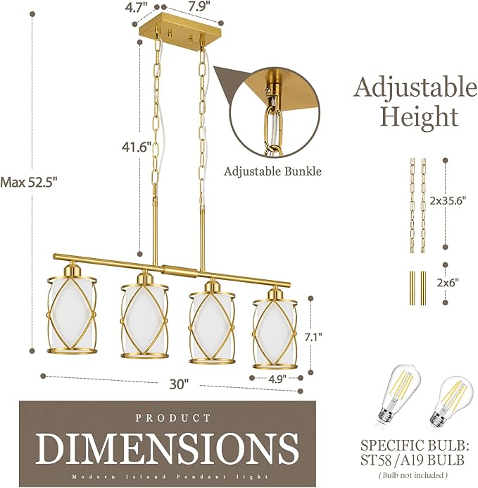 4-Light Kitchen Island Lighting, Brushed Gold Linear Dining Room Light Fixtures with Milk Glass, Modern Industrial Chandelier Pendant Light for Kitchen Island Dining Room, CH9176BGW-4IS