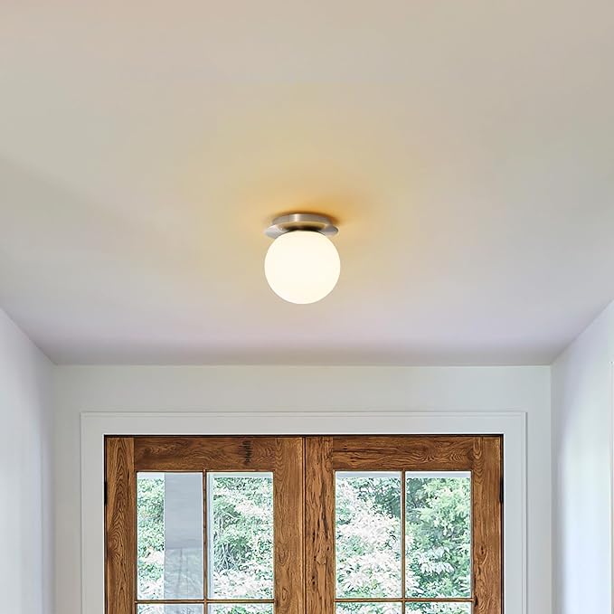 Modern Glass Globe Wall Sconce: Brushed Nickel Single Light with Milk Glass Shade - Minimalist Spherical Vanity Sconces over Mirror - Contemporary Ball Wall Lights Fixtures for Entryway Bulb Excluded