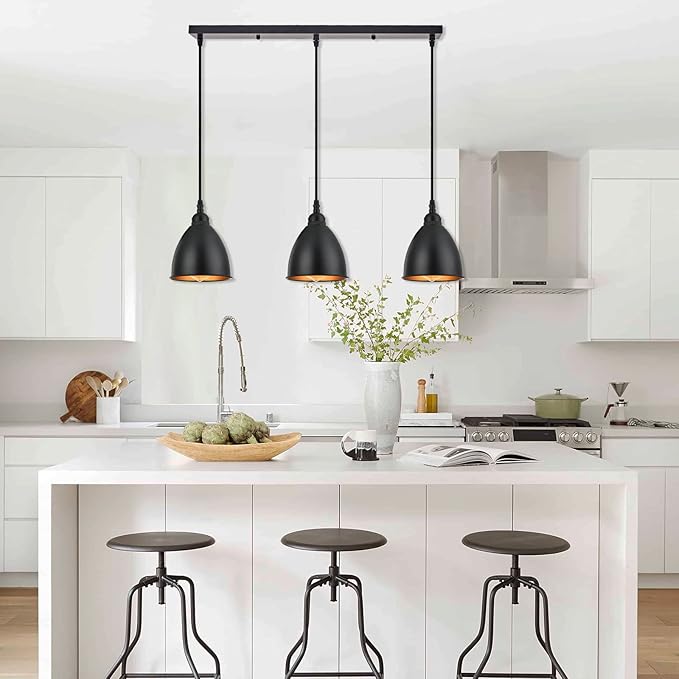 TERLEENART 3-Lights Kitchen Island Pendant Light,Industrial Farmhouse Hanging Chandelier with Matt Black Metal Bell Shade Build-in Golden Color, for Dining Room Table Staircase Hallway
