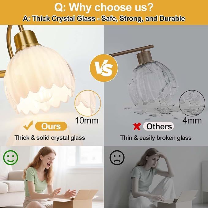 Bathroom Light Fixtures, 2-Light Gold Vanity Light Fixtures with White Tulip Glass Shades, Bathroom Lighting Fixtures Over Mirror for Bedroom, Living Room & Hallway (Bulbs Not Included)
