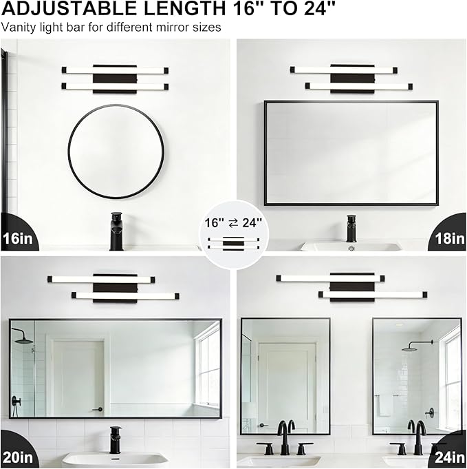 Bathroom Vanity Light Bar, 24 Inch Modern Black LED Vanity Light, 18W 3 CCT 3000K 4000K 6000K Dimmable Hardwired Bathroom Light Fixtures Over Mirror for Bathroom, Hallway, Powder Room, Washroom