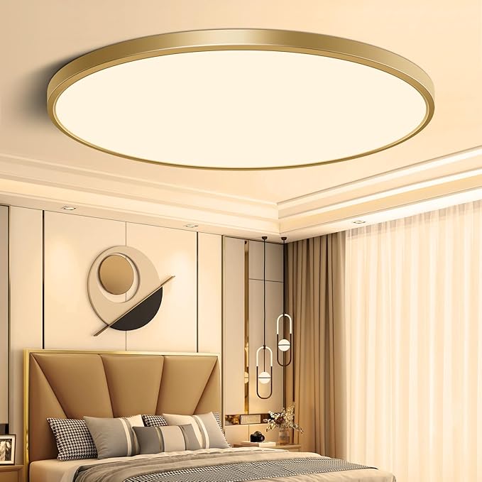15.7Inch Gold Flush Mount Ceiling Light Fixture, 3000K Warm White, 32W 3800LM Bright LED Ceiling Light, Flat Round Light Fixtures Ceiling Mount for Bedrooms Living Rooms