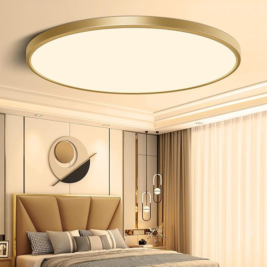 15.7Inch Gold Flush Mount Ceiling Light Fixture, 3000K Warm White, 32W 3800LM Bright LED Ceiling Light, Flat Round Light Fixtures Ceiling Mount for Bedrooms Living Rooms