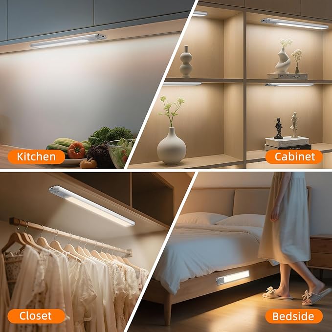 Under Cabinet Lighting Wireless, 15inch Rechargeable Motion Sensor Light Indoor, 3 Color Closet Light Battery Operated with LED Power Display, Magnetic Under Counter Lights for Kitchen, Home (6Pack)