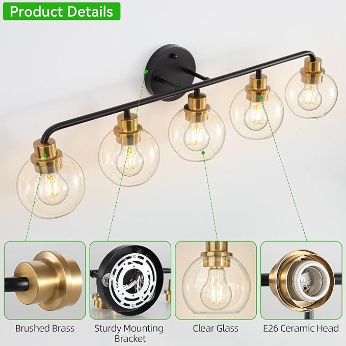 5 Light Bathroom Vanity Light, Black and Gold Bathroom Light Fixtures with Clear Glass Shade Modern Wall Sconces Lighting Bath Wall Lights Lamp for Mirror Kitchen Living Room Bedroom Hallway Cabinet