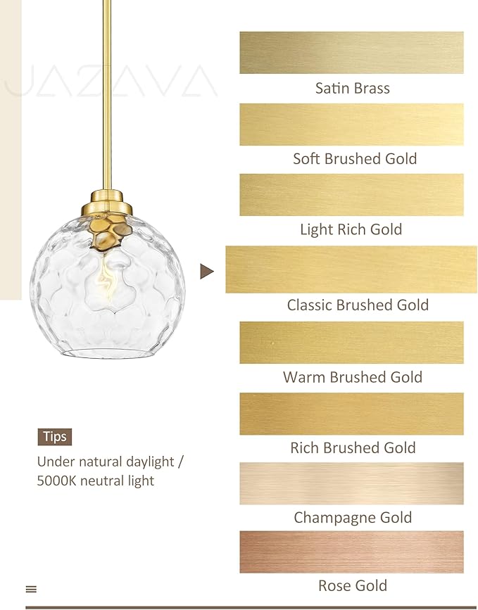 8 Inch Modern Farmhouse Pendant for Kitchen Island, Adjustable Height Hanging Fixture with Hammered Glass,Brushed Gold Finish, Dining Room Entryway - PL101HBG-L