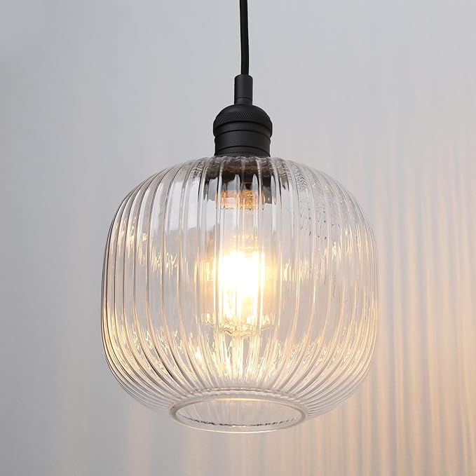 Pathson Modern Pendant Light Fixture Striped Globe Glass, Adjustable Textile Cord Hanging Lighting, Hardwired Pendant Lamp Decor for Dining Room Hotels Living Room Bedroom Kitchen