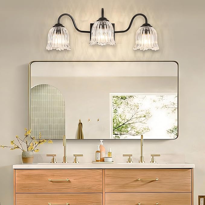 Vintage Bathroom Light Fixture, Black 3-Light Vanity Light Fixtures with Crystal Glass Shades, Matte Vanity Lighting Fixture Modern Wall Sconces for Bedroom Dressing Room Living Room