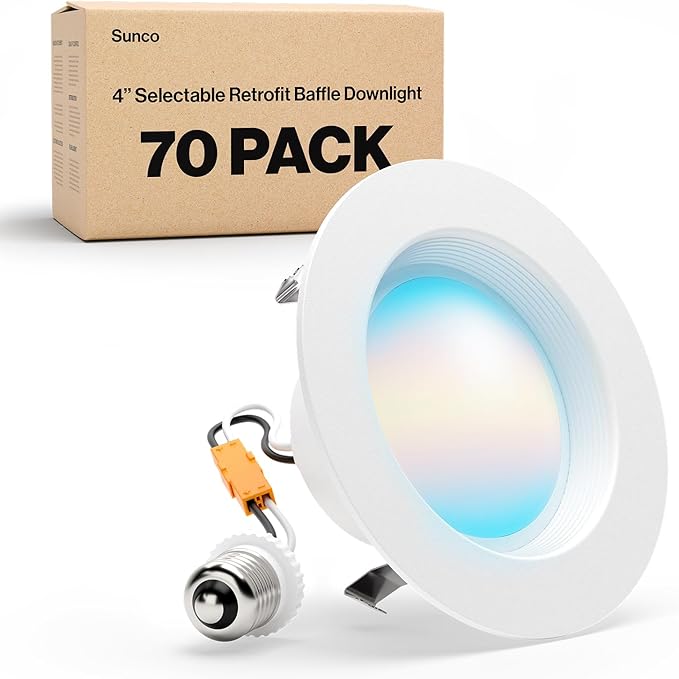 Sunco 70 Pack 4 Inch LED Recessed Lights, Retrofit Lighting LED Can Lights Downlight, 660LM, 2700K/3000K/3500K/4000K/5000K, Dimmable, Baffle Trim, 11W=60W, 50000 Lifetime Hours, Damp Rated UL