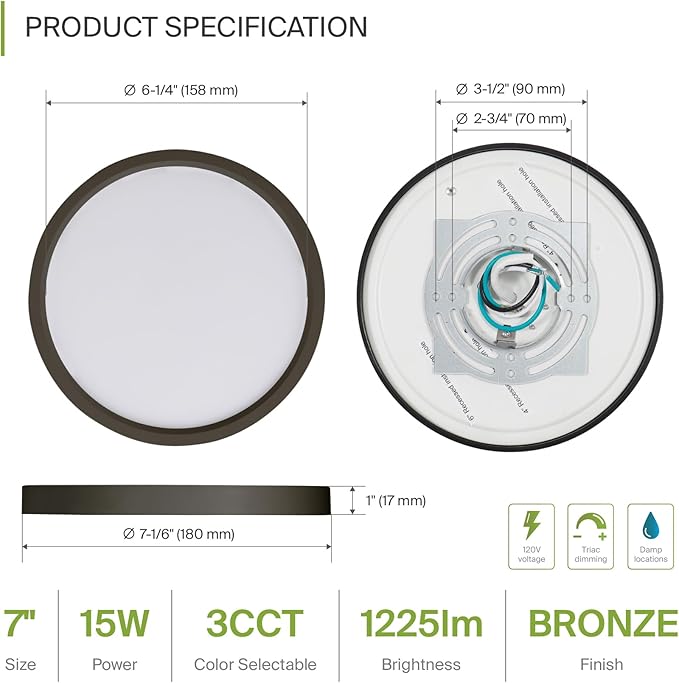 ASD LED 7" Round Flush Mount Light | 15W 1220LM 3000-5000K 120V | 3CCT, Dimmable, Ultra Slim, ETL Listed | Thin Surface Lamp, Bedroom Ceiling Lighting | Bronze, 6 Pack