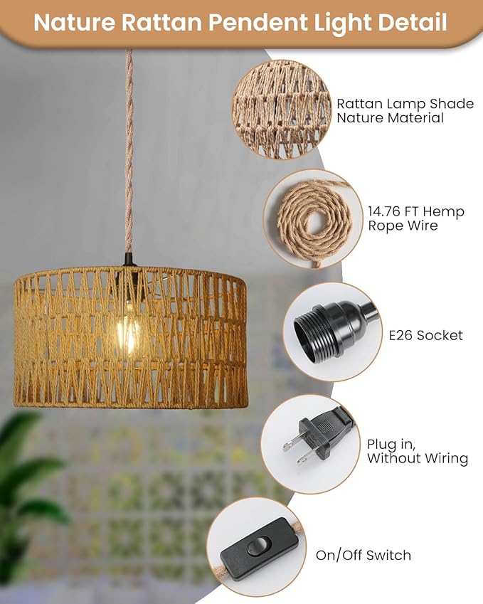 12.6 Inch Boho Hanging Light with Plug in Cord Rattan Hanging Lamp Hand Woven Rattan Wall Lightfor Bedroom, Living Room, Kitchen, Nursery, E26 Base, Indoor,Without Bulb