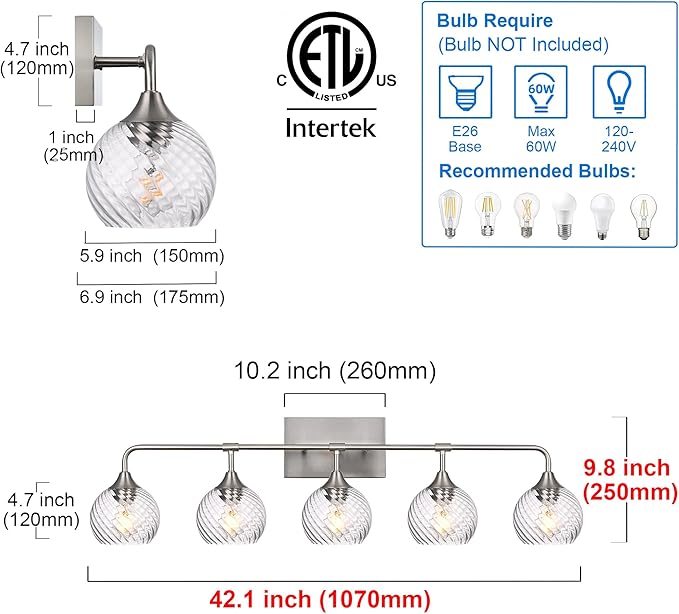 MELUCEE 5-Light Bathroom Lights Over Mirror in Brushed Nickel Finish, Modern Vanity Lights with Clear Striped Swirl Glass Shade Indoor Metal Wall Light Fixtures for Kitchen Powder Room Foyer