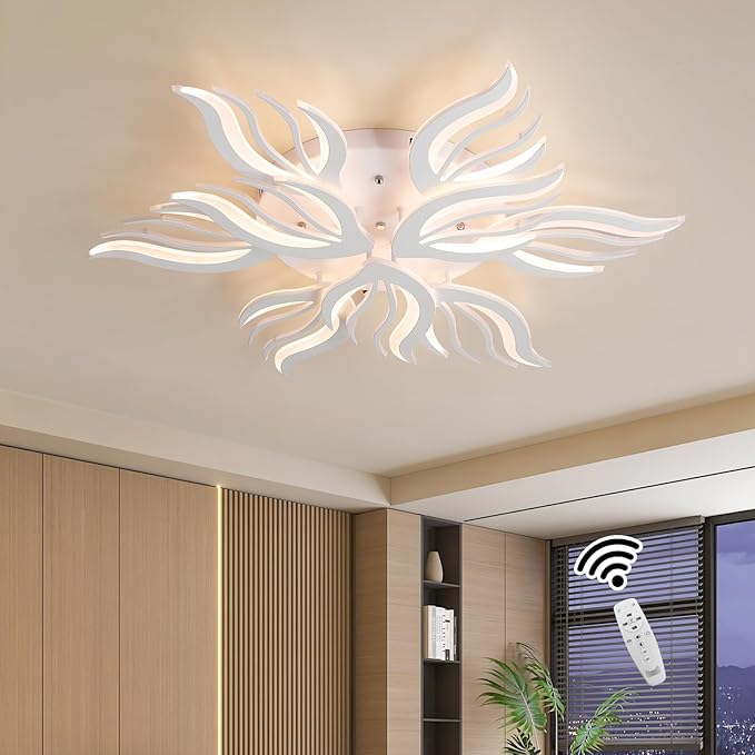 Becailyer Modren LED Ceiling Light, 75W Flower Shape Ceiling Lamp, 33.4" Dimmable Flush Mount Ceiling Lighting Fixtures, 9-Petals Close to Ceiling Light for Living Room Dining Room Bedroom, White