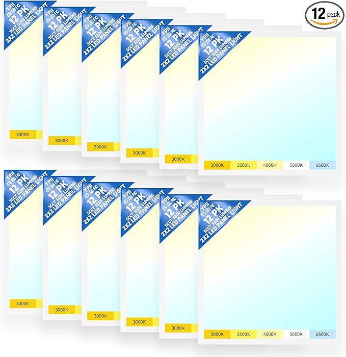 12Pack 2x2 LED Flat Panel Light LED Drop Ceiling Light Fixture, 5 CCT 3000K-6500K Adjustable & 5 Wattage 20-40W Selectable Recessed Back-Lit Fixture for Office, ETL Listed