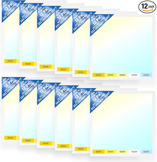 12Pack 2x2 LED Flat Panel Light LED Drop Ceiling Light Fixture, 5 CCT 3000K-6500K Adjustable & 5 Wattage 20-40W Selectable Recessed Back-Lit Fixture for Office, ETL Listed
