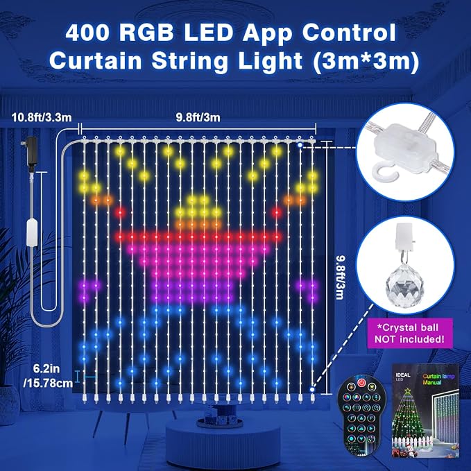 AKEPO Programmable Smart Colorful LED Window Curtain Lights, IP65 400 RGB LED APP Control DIY Text and Pattern Fairy Lights for Wedding/Halloween/Xmas Curtain Backdrop or Home Decor(9.8 * 9.8ft)