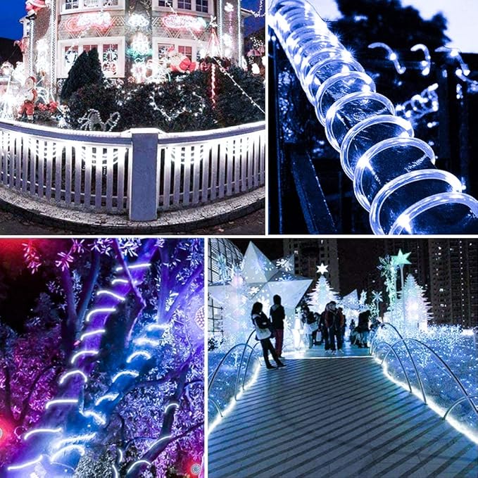 Honche Solar Rope Light 33FT 100LED IP65 Waterproof Outdoor LED Copper Fairy String Tube Lights for Party Gazebo Garden Patio Stair Balcony Fence Tree Daily Christmas Decoration (Solar-Cold White)
