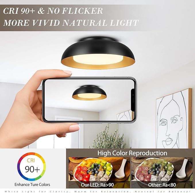 15in LED Flush Mount Ceiling Light, 28W Dimmable Ceiling Light Fixtures with Frosted Glass, Black and Gold Finish Modern Ceiling Light for Bedroom Kitchen Living Room, 3CCT, OS-DY2001-BK