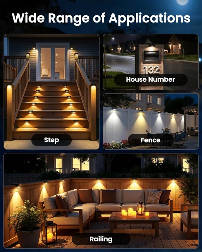 JOFIOS Fence Lights Solar Powered 12 Pack, 3000/4000/6000K 3 Modes, IP44 Waterproof Solar Deck Lights Outdoor, Dusk to Dawn Solar Step Lights for Outside, Deck, Backyard, Step, Patio, Stair Railings